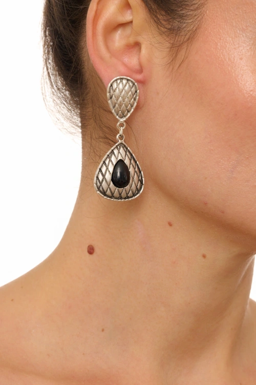 Kiraz Black Stoned Silver Plated Earring