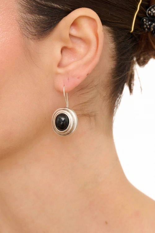 Kiraz Black Stoned Silver Plated Earring