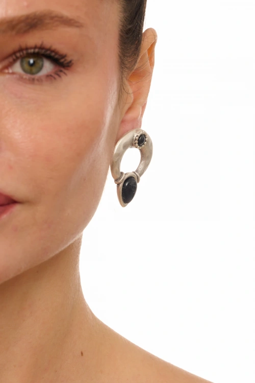 Kiraz Black Stoned Silver Plated Earring