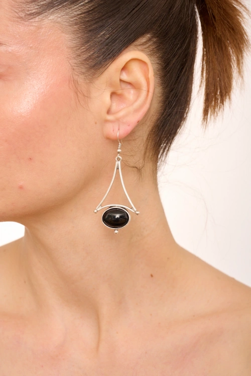 Kiraz Black Stoned Silver Plated Earring