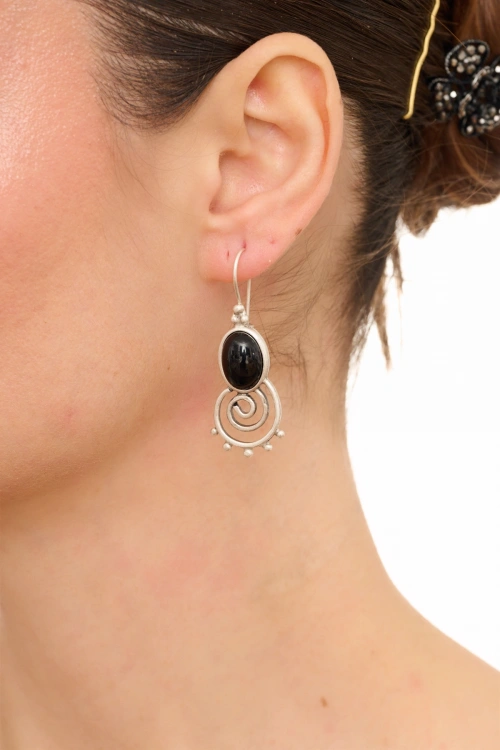 Kiraz Black Stoned Silver Plated Earring