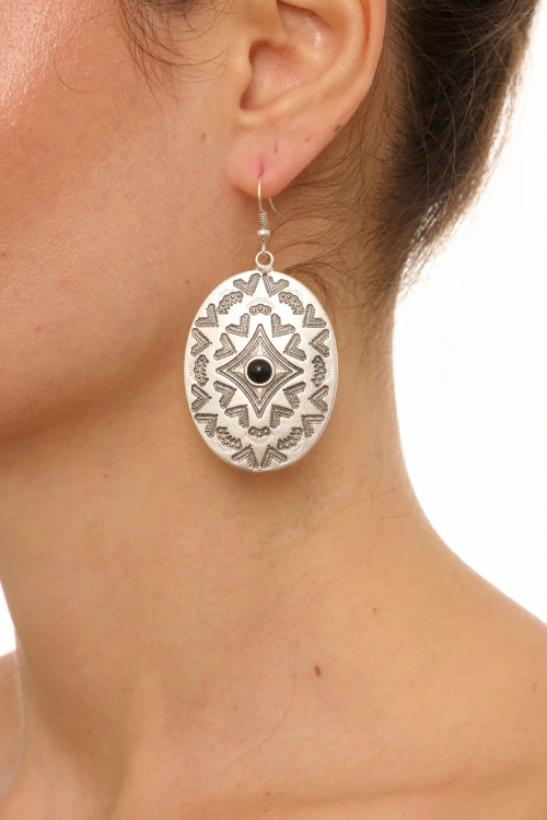 Kiraz Black Stoned Silver Plated Earring