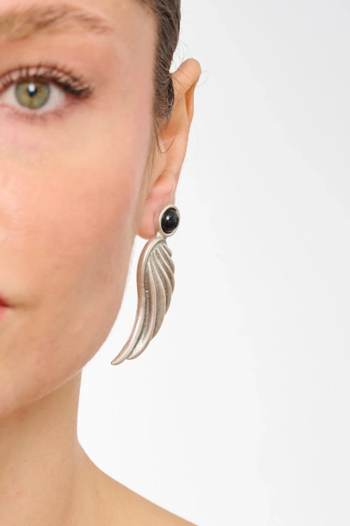 Kiraz Black Stoned Silver Plated Earring