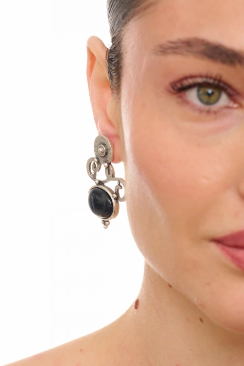 Kiraz Black Stoned Silver Plated Earring