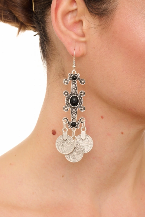 Kiraz Black Stoned Silver Plated Earring