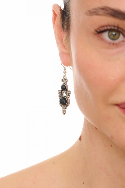 Kiraz Black Stoned Silver Plated Earring
