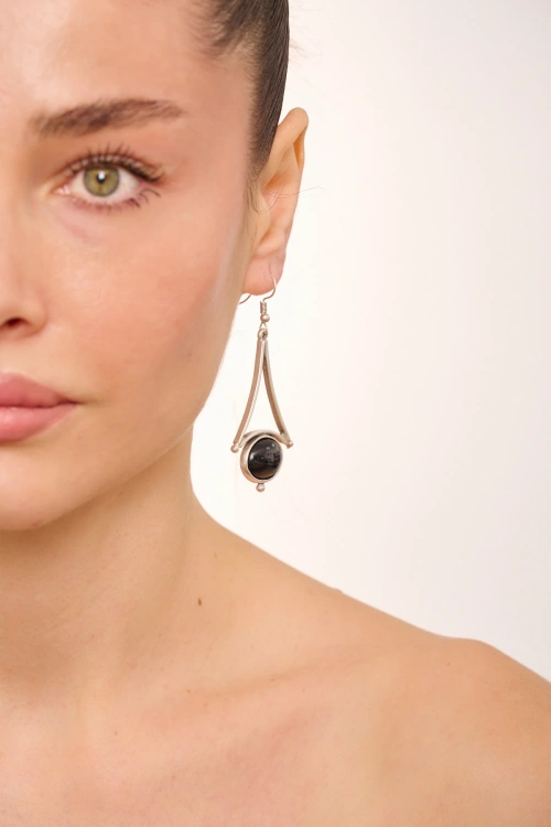 Kiraz Black Stoned Silver Plated Earring