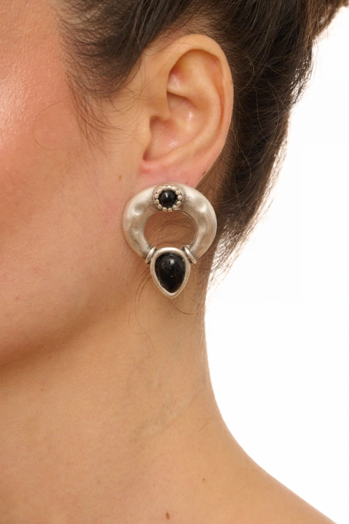 Kiraz Black Stoned Silver Plated Earring