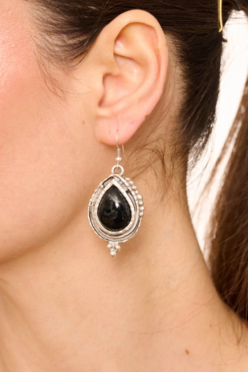 Kiraz Black Stoned Silver Plated Earring