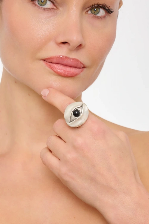 Kiraz Black Stoned Silver Plated Eye Ring