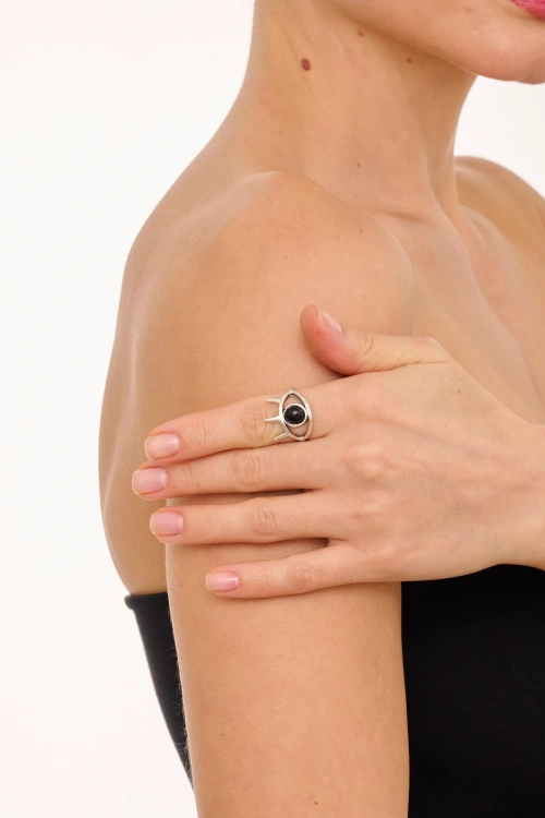 Kiraz Black Stoned Silver Plated Eye Ring