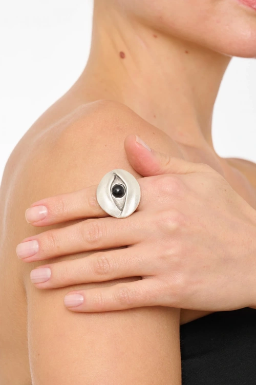 Kiraz Black Stoned Silver Plated Eye Ring