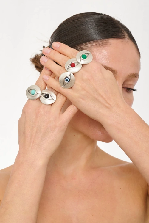 Kiraz Black Stoned Silver Plated Eye Ring