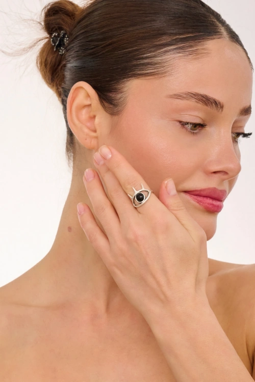Kiraz Black Stoned Silver Plated Eye Ring