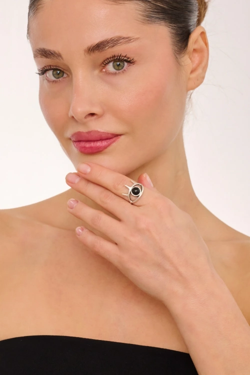 Kiraz Black Stoned Silver Plated Eye Ring