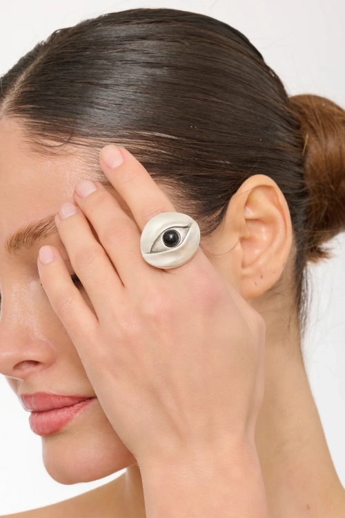 Kiraz Black Stoned Silver Plated Eye Ring