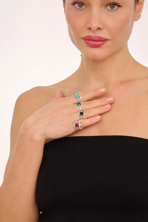 Kiraz Black Stoned Silver Plated Eye Ring