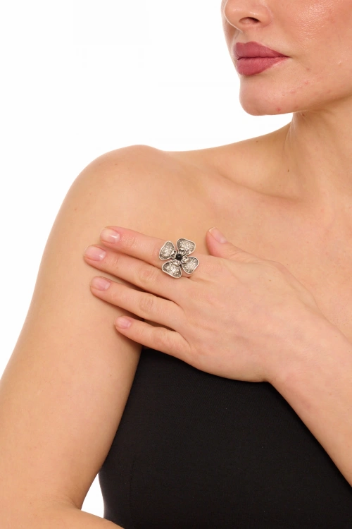 Kiraz Black Stoned Silver Plated Flower Ring