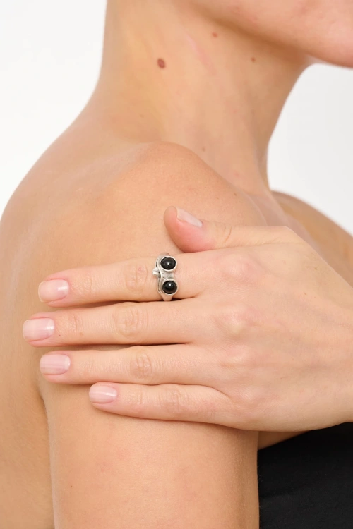 Kiraz Black Stoned Silver Plated Frog Ring