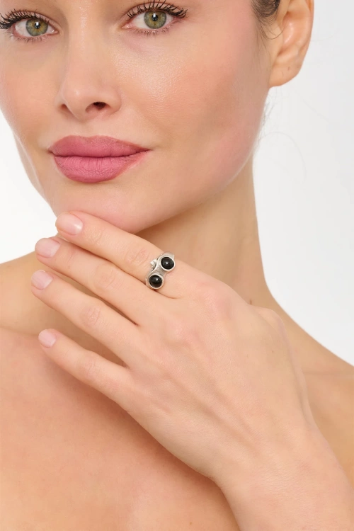 Kiraz Black Stoned Silver Plated Frog Ring