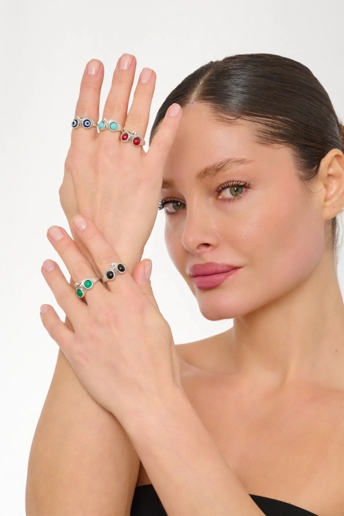 Kiraz Black Stoned Silver Plated Frog Ring