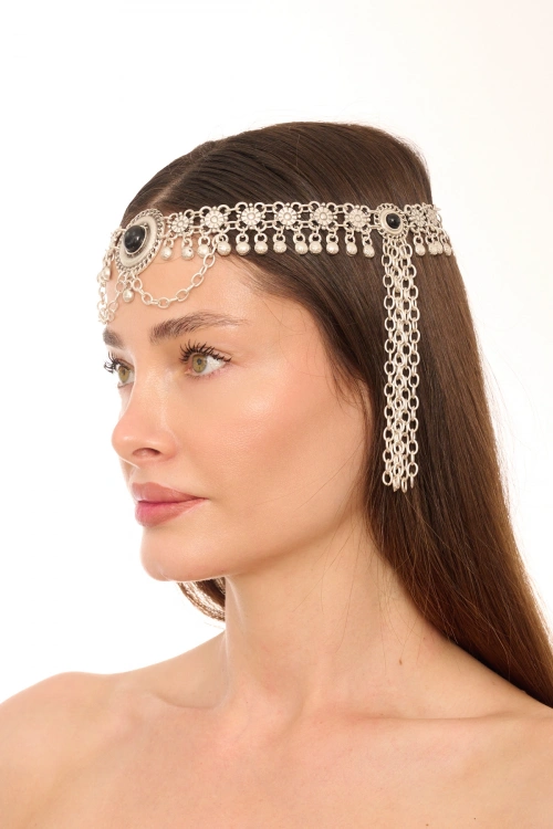 Kiraz Black Stoned Silver Plated Head Accessory