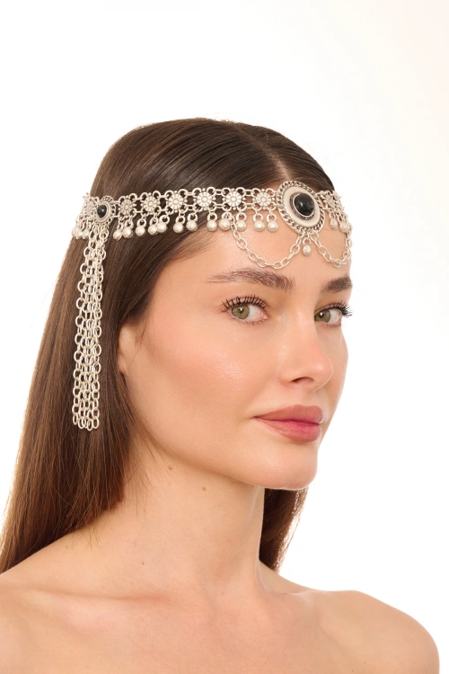 Kiraz Black Stoned Silver Plated Head Accessory