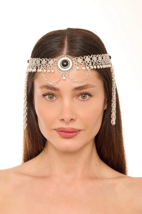 Kiraz Black Stoned Silver Plated Head Accessory