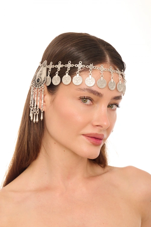 Kiraz Black Stoned Silver Plated Head Accessory