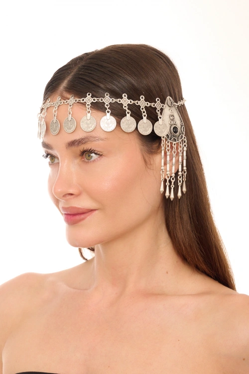 Kiraz Black Stoned Silver Plated Head Accessory
