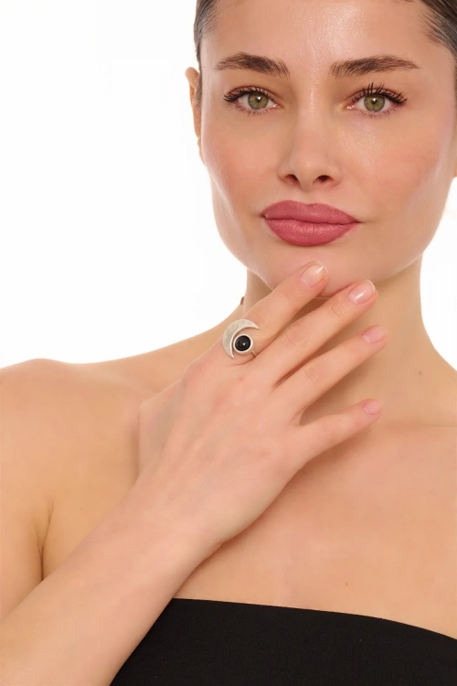 Kiraz Black Stoned Silver Plated Moon Ring