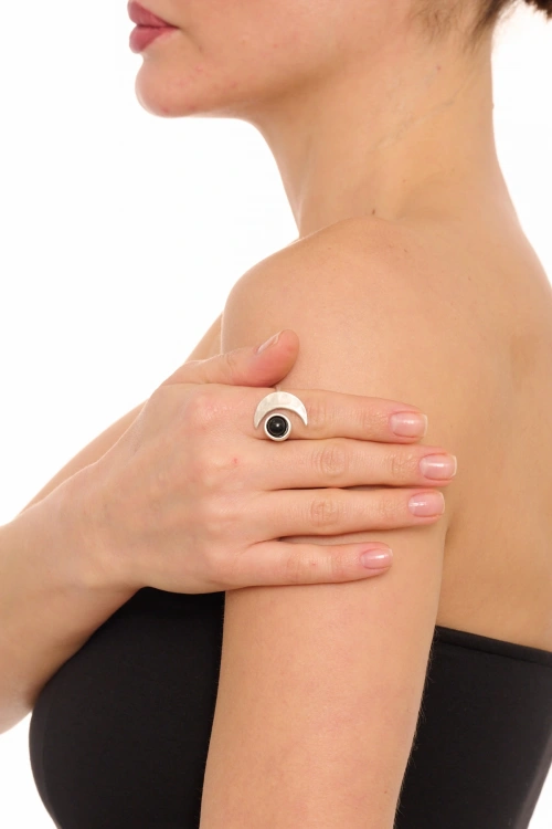 Kiraz Black Stoned Silver Plated Moon Ring
