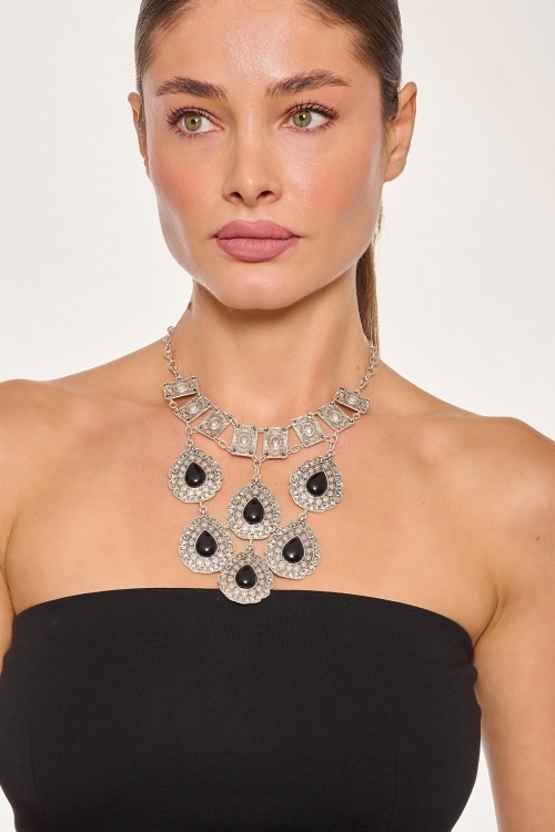 Kiraz Black Stoned Silver Plated Necklace