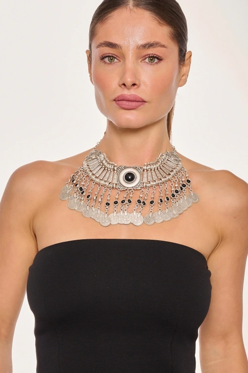 Kiraz Black Stoned Silver Plated Cleopatra Necklace