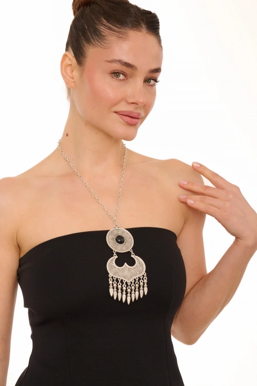 Kiraz Black Stoned Silver Plated Necklace