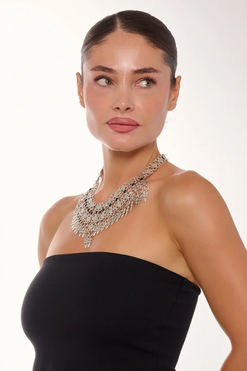 Kiraz Black Stoned Silver Plated Necklace