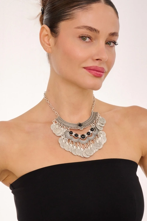 Kiraz Black Stoned Silver Plated Necklace