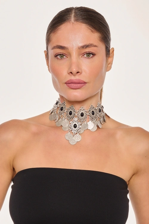 Kiraz Black Stoned Silver Plated Necklace