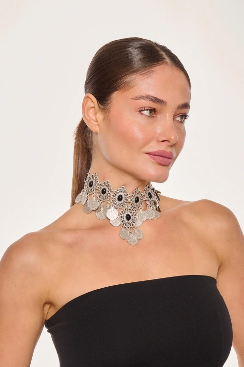 Kiraz Black Stoned Silver Plated Necklace