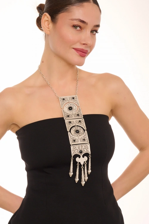 Kiraz Black Stoned Silver Plated Necklace