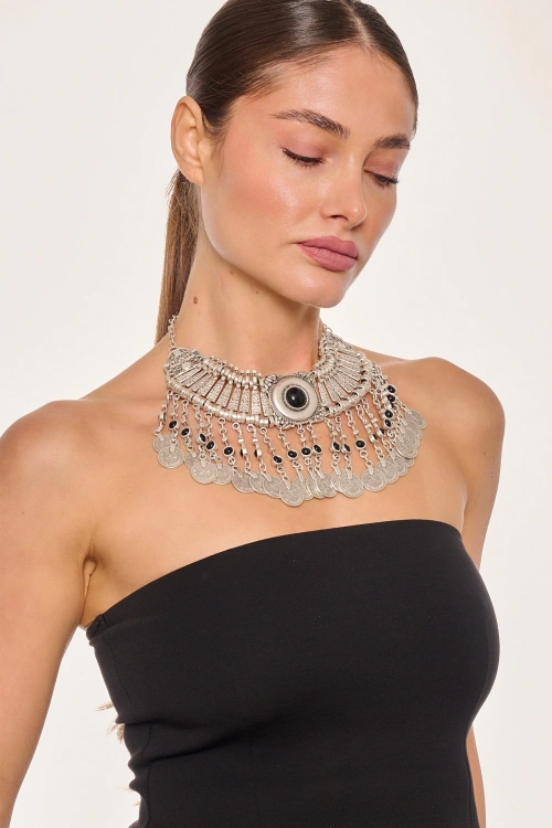 Kiraz Black Stoned Silver Plated Cleopatra Necklace