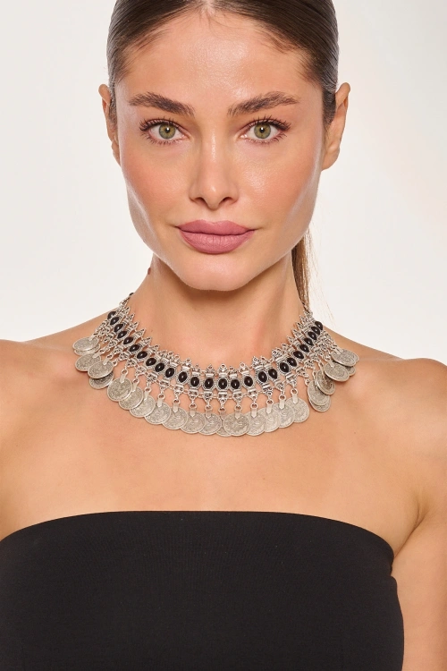 Kiraz Black Stoned Silver Plated Necklace