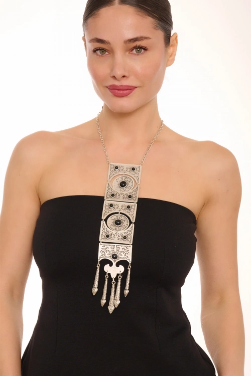 Kiraz Black Stoned Silver Plated Necklace