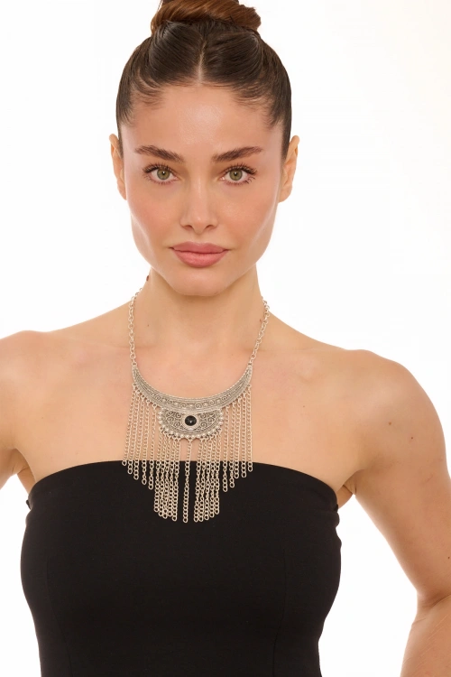 Kiraz Black Stoned Silver Plated Necklace