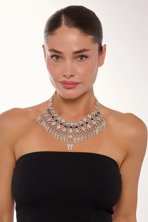 Kiraz Black Stoned Silver Plated Necklace