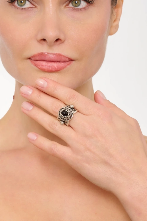 Kiraz Black Stoned Silver Plated Ring