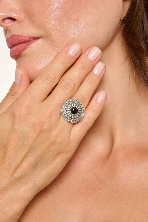 Kiraz Black Stoned Silver Plated Ring