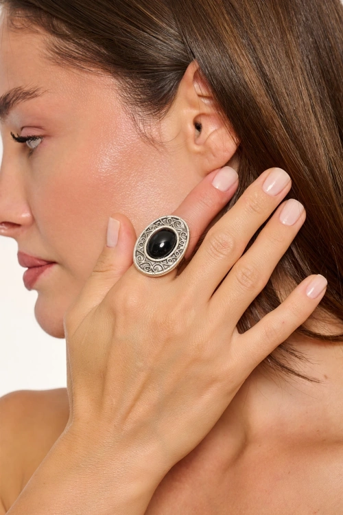 Kiraz Black Stoned Silver Plated Ring