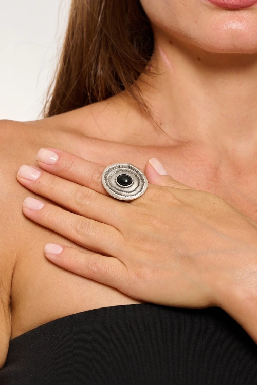 Kiraz Black Stoned Silver Plated Ring