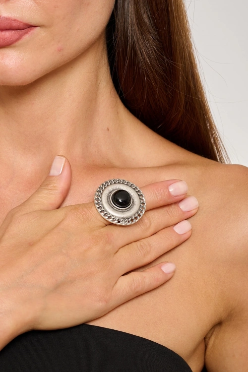 Kiraz Black Stoned Silver Plated Ring